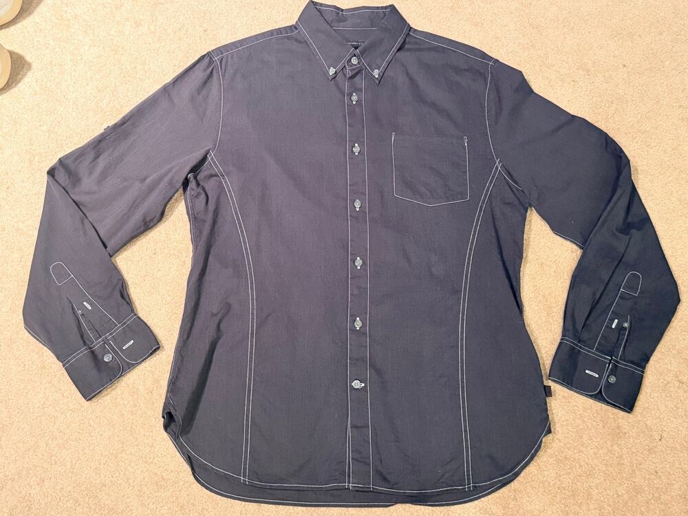 John Varvatos Mens Button Down Shirt Black Long Sleeve Contrast Stitch Size M